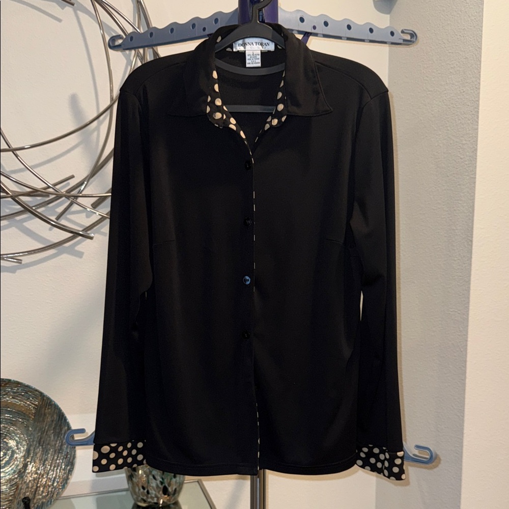 Dana Buchman Black Button-Front Blouse with Cream Polka Dot Trim